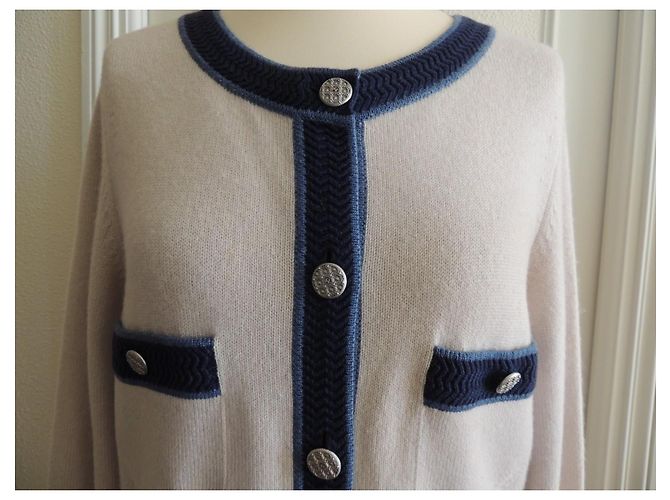 Chanel Langer Kaschmir-Cardigan beige und jeansblau Größe 40 - Ansicht 4