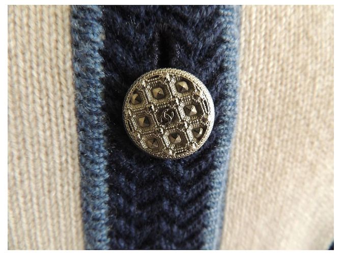 Chanel Langer Kaschmir-Cardigan beige und jeansblau Größe 40 - Ansicht 5