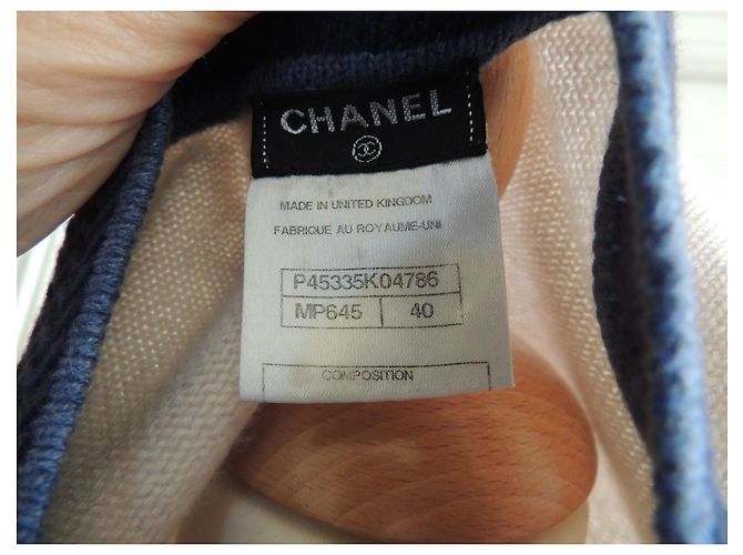 Chanel Langer Kaschmir-Cardigan beige und jeansblau Größe 40 - Ansicht 7