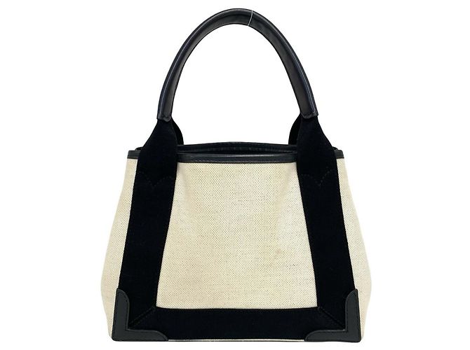 Borsa Balenciaga Cabas Logo in tela e pelle blu navy Nero Crudo - vista 3