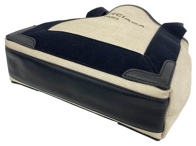 Borsa Balenciaga Cabas Logo in tela e pelle blu navy Nero Crudo - vista 8