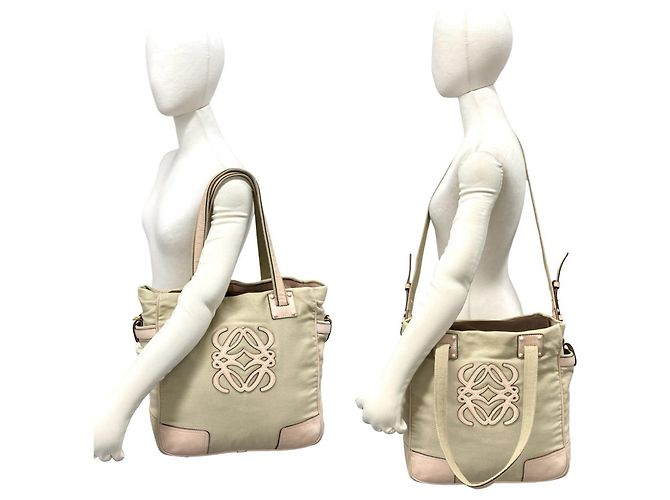 Bolsa de Ombro 2-Way em Couro e Lona Anagram LOEWE Rosa Bege - vista 2