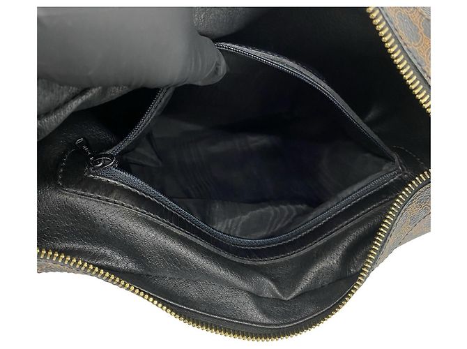 Céline CELINE Vintage Macadam Leder-Semi-Schultertasche mit rundem Logo Braun Schwarz - Ansicht 10