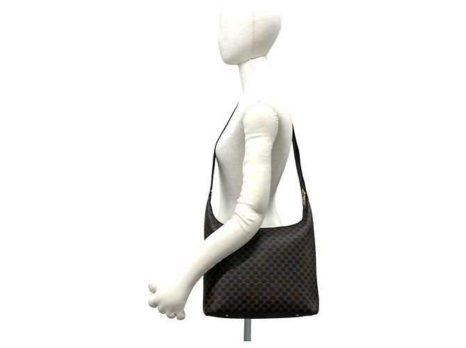Céline CELINE Vintage Macadam Leder-Semi-Schultertasche mit rundem Logo Braun Schwarz - Ansicht 2