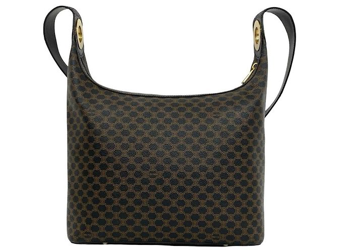 Céline CELINE Vintage Macadam Leder-Semi-Schultertasche mit rundem Logo Braun Schwarz - Ansicht 3