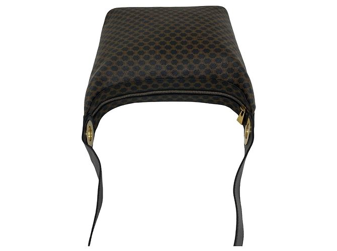 Céline CELINE Vintage Macadam Leder-Semi-Schultertasche mit rundem Logo Braun Schwarz - Ansicht 4
