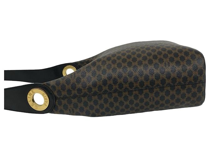 Céline CELINE Vintage Macadam Leder-Semi-Schultertasche mit rundem Logo Braun Schwarz - Ansicht 5