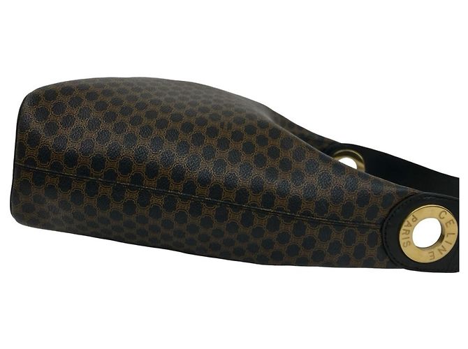 Céline CELINE Vintage Macadam Leder-Semi-Schultertasche mit rundem Logo Braun Schwarz - Ansicht 6