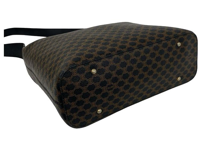 Céline CELINE Vintage Macadam Leder-Semi-Schultertasche mit rundem Logo Braun Schwarz - Ansicht 7