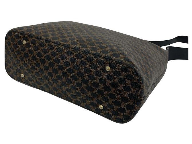 Céline CELINE Vintage Macadam Leder-Semi-Schultertasche mit rundem Logo Braun Schwarz - Ansicht 8