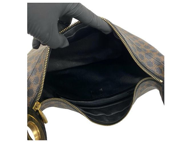 Céline CELINE Vintage Macadam Leder-Semi-Schultertasche mit rundem Logo Braun Schwarz - Ansicht 9