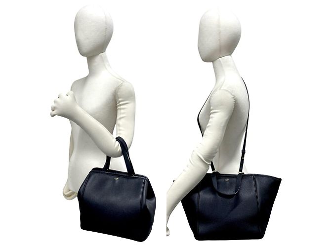 Céline Celine Small Fold Cabas Logo Leather Shoulder Bag Black - view 2