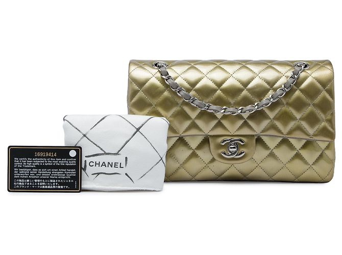 Chanel Gold Medium Classic Striated Patent Double Flap Golden - Ansicht 6