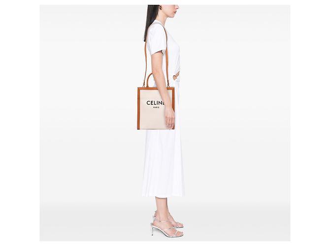 Céline Celine Sac Cabas Vertical Small en Toile Marron Beige - vue 6