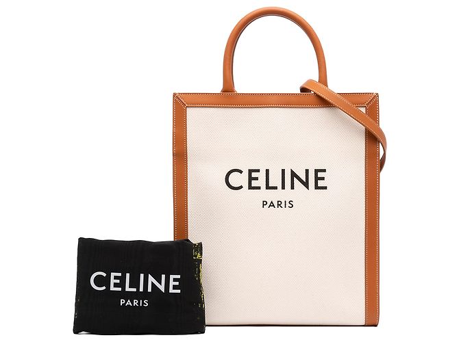 Céline Celine Sac Cabas Vertical Small en Toile Marron Beige - vue 7