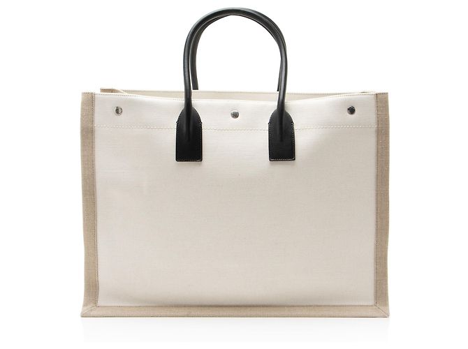 Autre Marque Saint Laurent Tote Large Rive Gauche in Tela e Pelle di Vitello Marrone Beige - vista 3