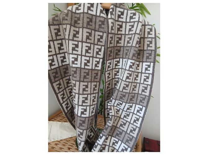 Fendi FF Monogram Wool Scarf Brown White Beige - view 5