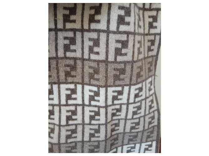 Fendi FF Monogram Wool Scarf Brown White Beige - view 7