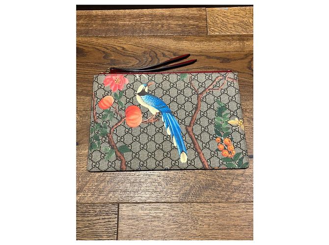 Pochette Gucci GG Supreme Stampa Uccello Marrone Bianco Rosso Blu Beige Verde Giallo - vista 6