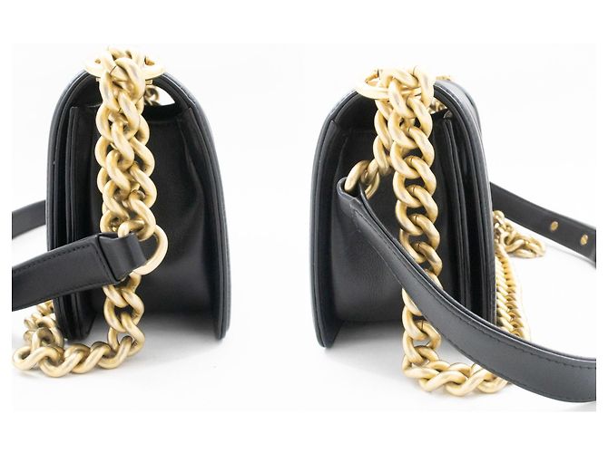 Borsa a tracolla CHANEL Boy Chain Nera Matelassé Patta in Pelle d'Agnello Oro Nero - vista 5