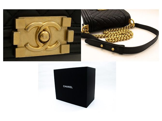 Borsa a tracolla CHANEL Boy Chain Nera Matelassé Patta in Pelle d'Agnello Oro Nero - vista 7