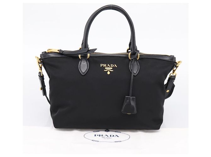 Borsa a Mano PRADA Nylon Pelle 2way Nero Oro Auth ki6822V D'oro - vista 12