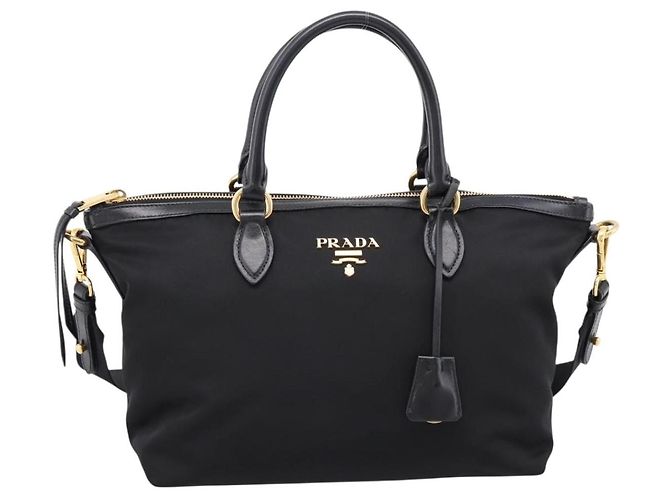 Borsa a Mano PRADA Nylon Pelle 2way Nero Oro Auth ki6822V D'oro - vista 13