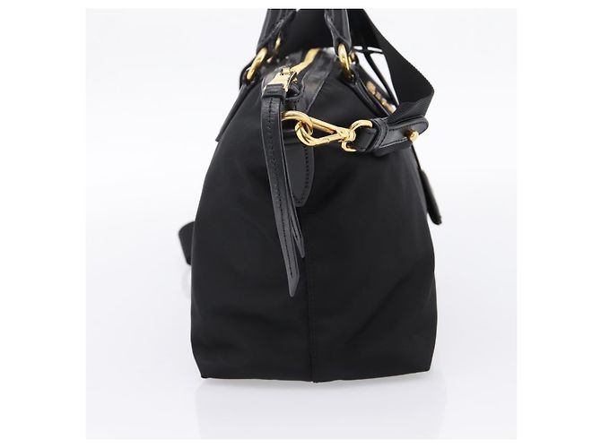 Borsa a Mano PRADA Nylon Pelle 2way Nero Oro Auth ki6822V D'oro - vista 3