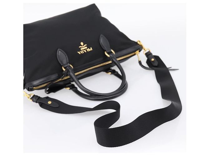 Borsa a Mano PRADA Nylon Pelle 2way Nero Oro Auth ki6822V D'oro - vista 8