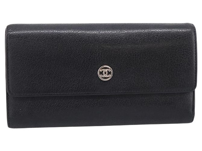 Cartera larga CHANEL de cuero negro con CC plateado Auth 204783 Plata - vista 13