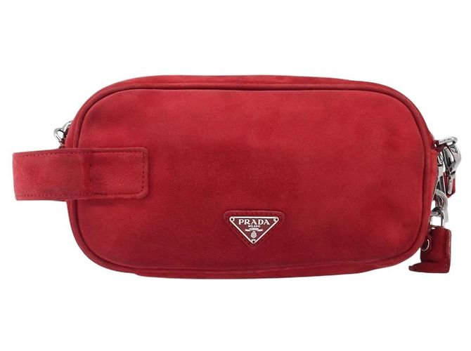 Bolsa de Ombro PRADA Camurça Vermelha Prata Auth 201372 Vermelho - vista 2