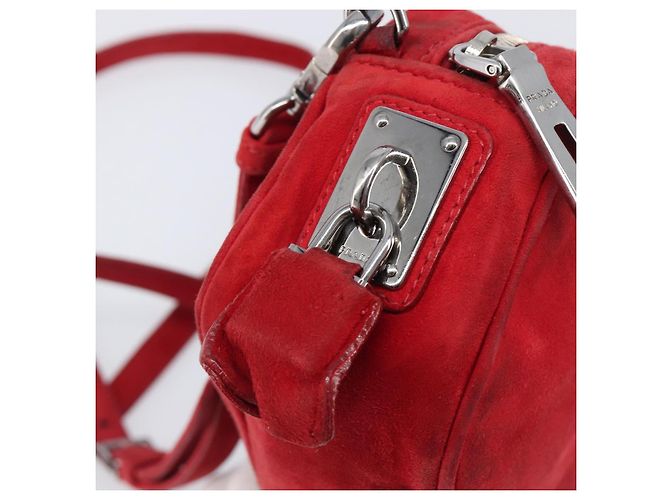 Bolsa de Ombro PRADA Camurça Vermelha Prata Auth 201372 Vermelho - vista 27
