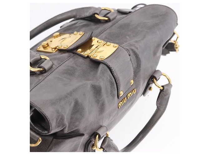 Borsa a Mano Miu Miu in Pelle 2way Grigio Tono Oro Auth 167623M Marrone - vista 14