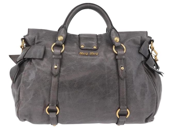Borsa a Mano Miu Miu in Pelle 2way Grigio Tono Oro Auth 167623M Marrone - vista 2