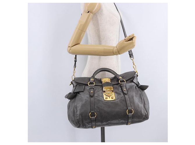 Borsa a Mano Miu Miu in Pelle 2way Grigio Tono Oro Auth 167623M Marrone - vista 34