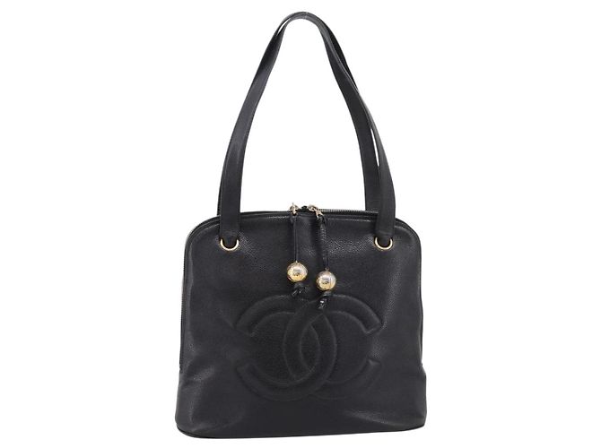 Borsa a tracolla CHANEL COCO Mark Chain in pelle caviar nera e oro CC Auth 201540A Nero D'oro - vista 13