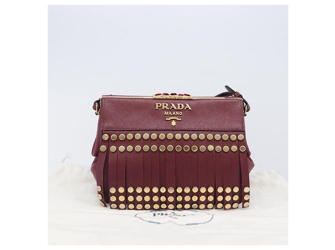 Saffiano Borsa a Tracolla PRADA Pelle Safiano Bordeaux Gold Auth 202965V D'oro Bordò - vista 12