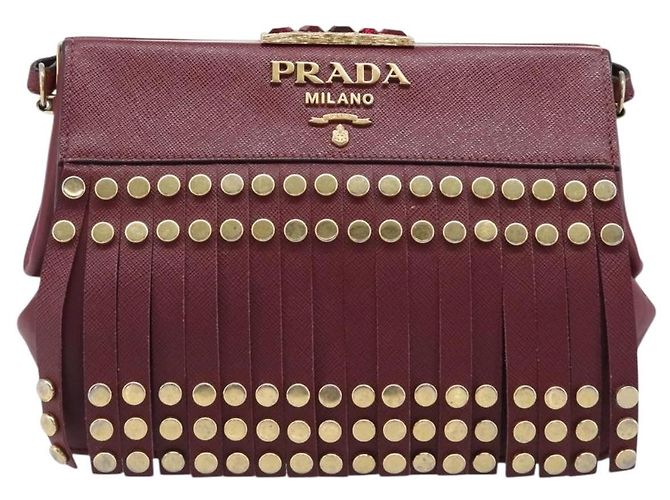 Saffiano Borsa a Tracolla PRADA Pelle Safiano Bordeaux Gold Auth 202965V D'oro Bordò - vista 13