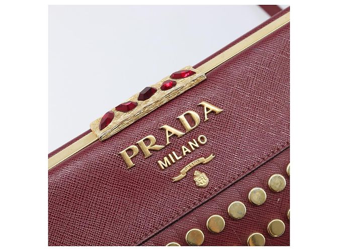 Saffiano Borsa a Tracolla PRADA Pelle Safiano Bordeaux Gold Auth 202965V D'oro Bordò - vista 18