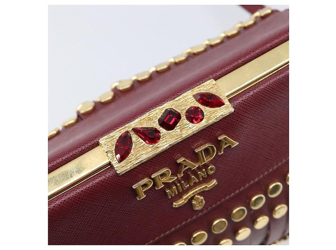 Saffiano Borsa a Tracolla PRADA Pelle Safiano Bordeaux Gold Auth 202965V D'oro Bordò - vista 19