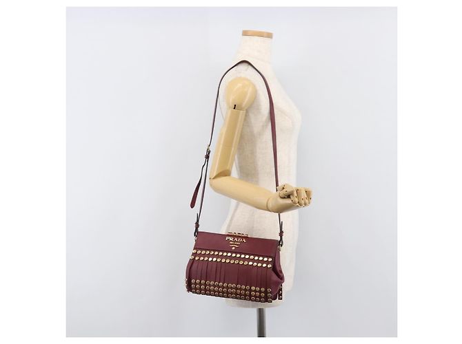 Saffiano Borsa a Tracolla PRADA Pelle Safiano Bordeaux Gold Auth 202965V D'oro Bordò - vista 25