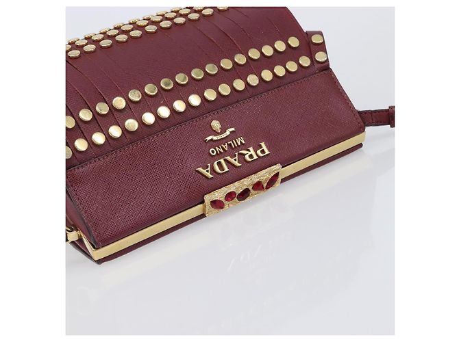 Saffiano Borsa a Tracolla PRADA Pelle Safiano Bordeaux Gold Auth 202965V D'oro Bordò - vista 6