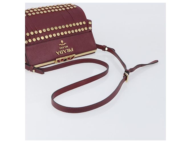 Saffiano Borsa a Tracolla PRADA Pelle Safiano Bordeaux Gold Auth 202965V D'oro Bordò - vista 7
