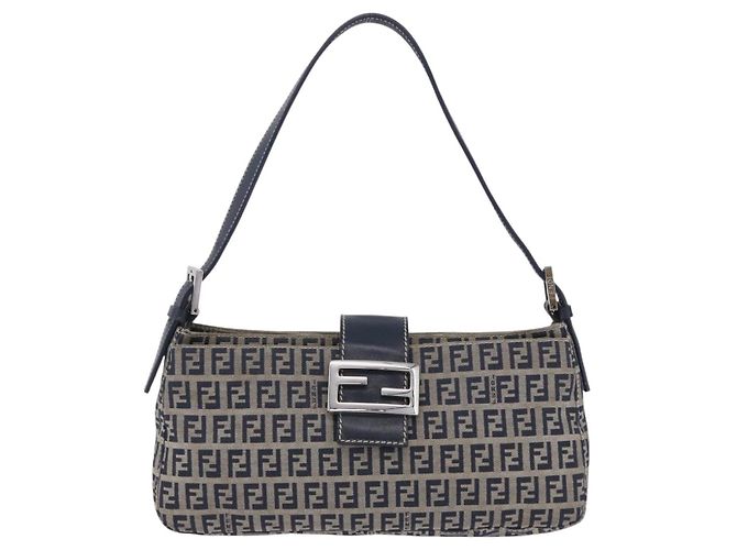 Borsa a tracolla FENDI Zucchino Canvas Mamma Baguette Navy Silver Auth 198254V Argento Blu navy - vista 13