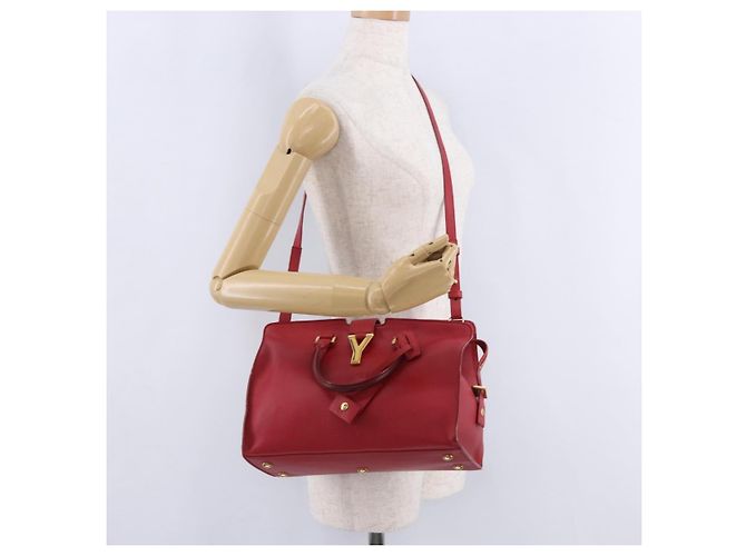Autre Marque SAINT LAURENT Petit Cabas Hand Bag Leather 2way Red Gold Auth 205115A Golden - view 37