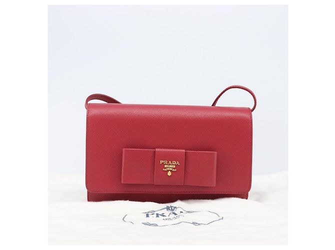 Saffiano Borsa a tracolla portafoglio con catena PRADA in pelle Safiano Rosso Oro Auth 204149V D'oro - vista 12