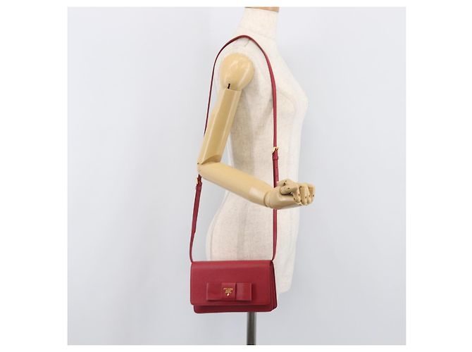 Saffiano Borsa a tracolla portafoglio con catena PRADA in pelle Safiano Rosso Oro Auth 204149V D'oro - vista 28