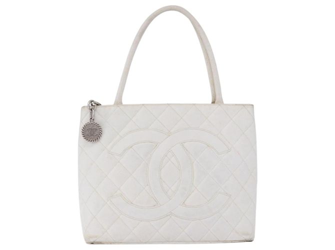 CHANEL Tote Bag Kaviarleder Standard Weiß Silber CC Auth 204728 - Ansicht 13