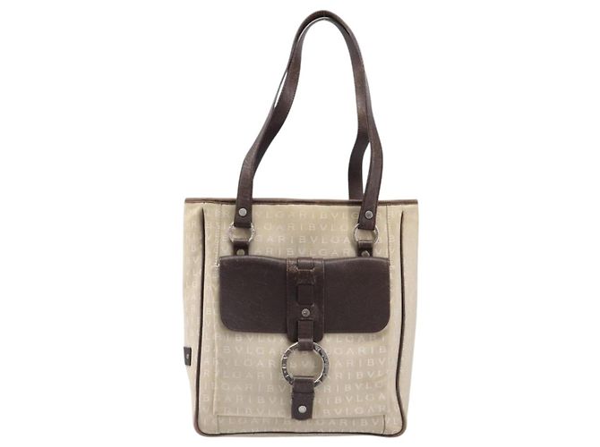 Bulgari Bolso Tote BVLGARI Canvas Beige Silver Auth ar14179 Plata - vista 13