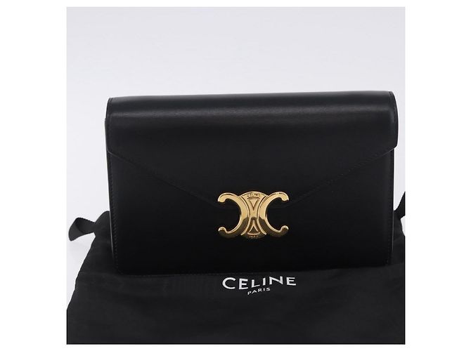 Céline Borsa a tracolla con catena CELINE Triomphe in pelle nera e tono oro Auth ka6199SAM Nero - vista 12